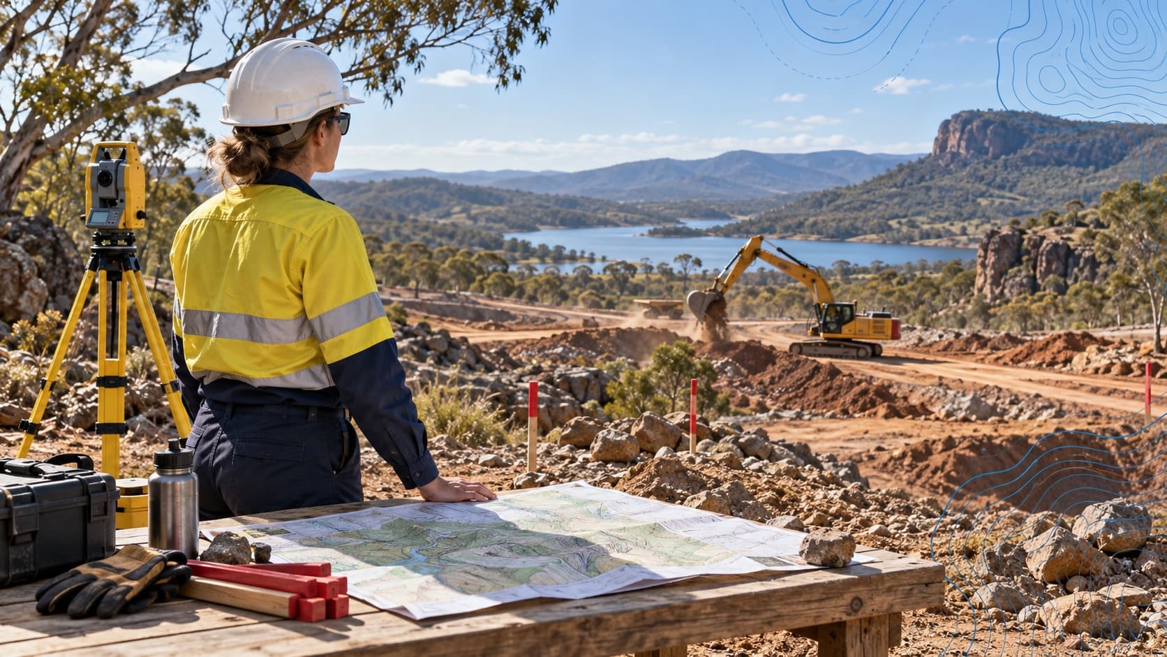 Surveyor reading an Australian civil worksite before plant mobilisation